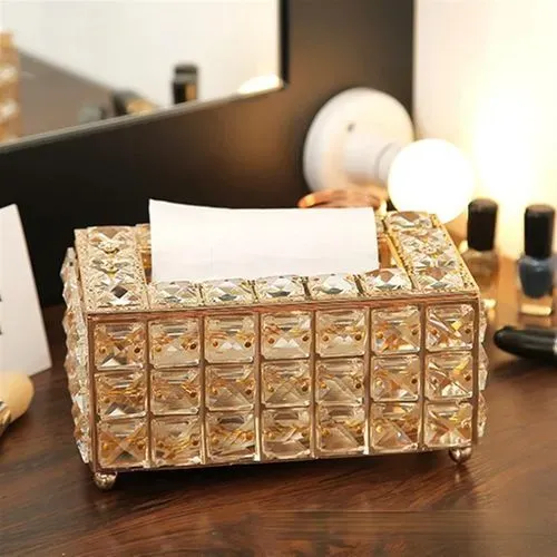 Boîte à Mouchoirs en Verre Cristal Luxe – Porte-Serviettes Décoratif Doré
