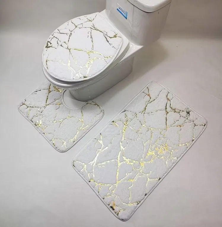 Ensemble 3 Tapis Salle de Bain Effet Marbre Blanc & Or – Pureté & Élégance Absolue