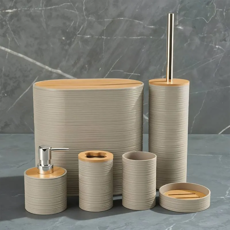 Ensemble Accessoires Salle de Bain 6 Pièces Bambou & Beige – Douceur Naturelle