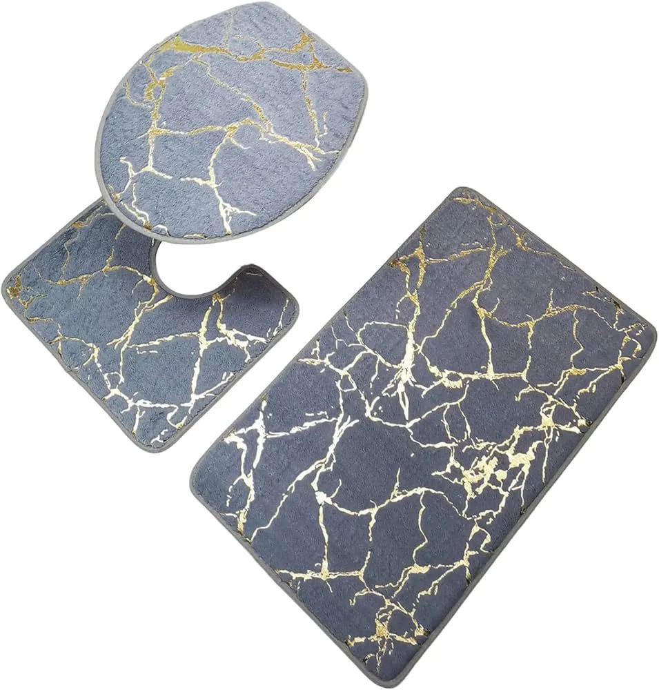 Ensemble 3 Tapis Salle de Bain Effet Marbre Gris & Or – Design Minimaliste Luxe - image 2