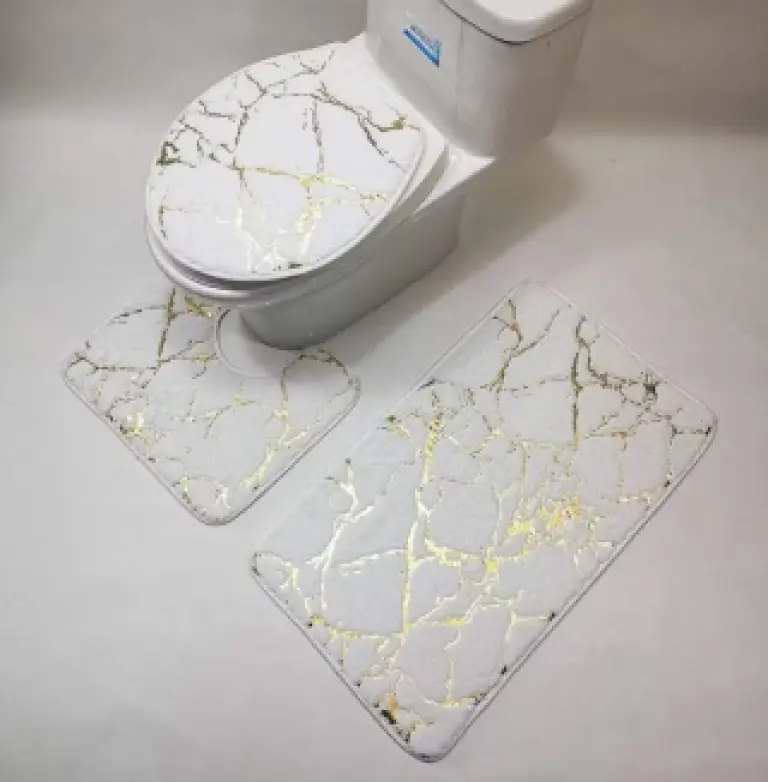 Ensemble 3 Tapis Salle de Bain Effet Marbre Blanc & Or – Pureté & Élégance Absolue