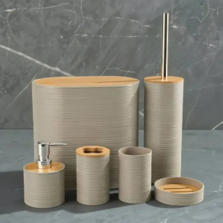Ensemble Accessoires Salle de Bain 6 Pièces Bambou & Beige – Douceur Naturelle