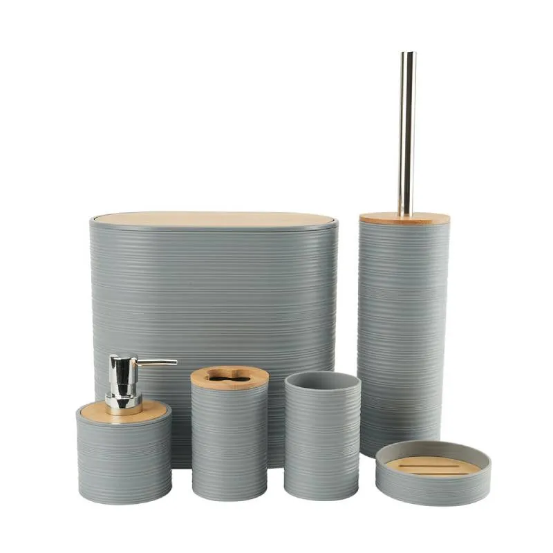 Ensemble Accessoires Salle de Bain 6 Pièces Bambou & Gris – Élégance Contemporaine - image 4