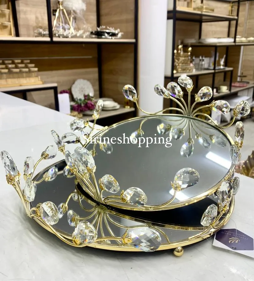 Plateau Décoratif Miroir Rond Doré & Cristaux – Pièce de Luxe - image 2